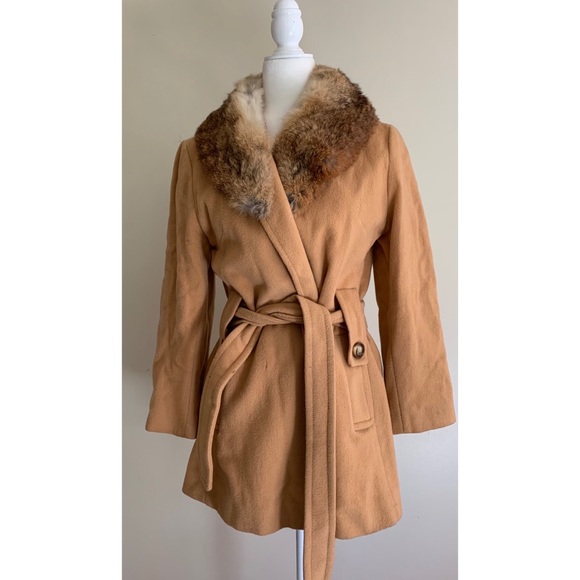 Vintage Wool Coat Fur Collar Belted Jacket Fur Collar Size S - Picture 1 of 13